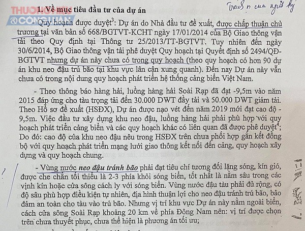 Kết luận thanh tra nêu rõ: Dự án xã hội hóa khu neo đậu tránh bão, chờ đợi vào các bến cảng trên sông Soài Rạp (TP. Hồ Chí Minh) không hề có trong quy hoạch.