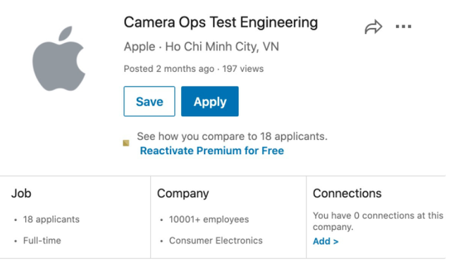 Thông tin trên website tuyển dụng của Apple.