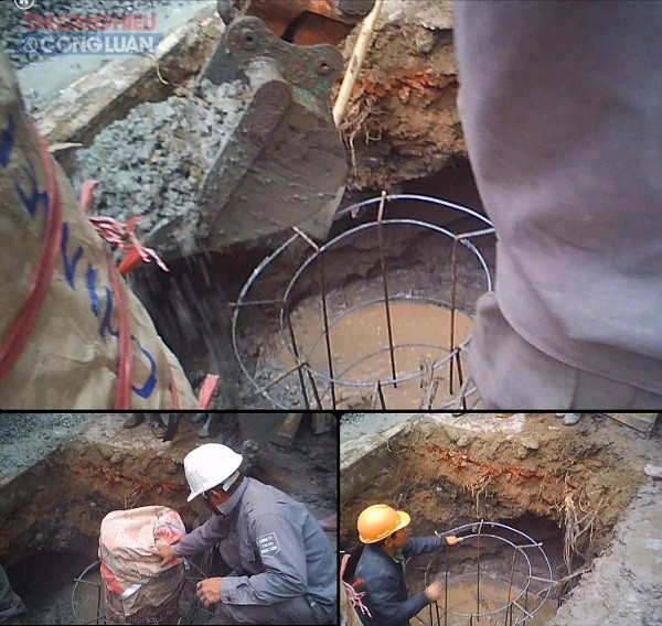 Hố móng để dựng trạm biến áp còn nguyên nước bẩn và bùn, vẫn được nhà thầu thi công