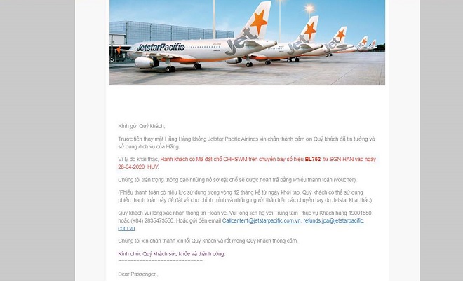 Email hủy chuyến của Jetstar Pacific Airlines gửi đến khách hàng