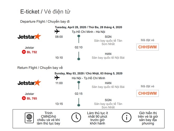 Chị L. đặt vé máy bay khứ hồi của hãng Jetstar Pacific Airlines TP. HCM - Hà Nội – TP. HCM ngày 28/4 và 3/5/2020