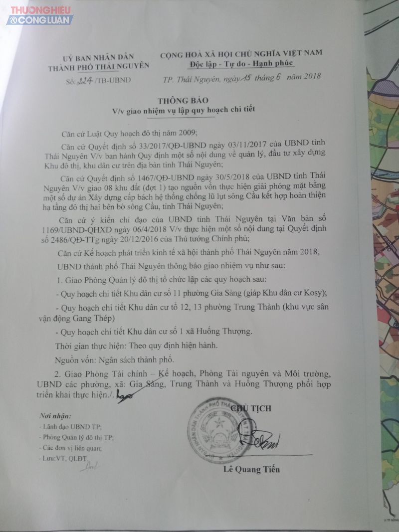 UBND thành phố Thái Nguyên đã ra Thông báo số 224/TB-UBND về việc giao nhiệm vụ lập quy hoạch chi tiết, trong đó có vị trí bãi tập kết VLXD của công ty Xuân Tiến