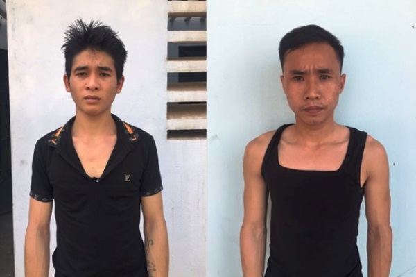 Đối tượng Lê Văn Nam (trái) và Nguyễn Kim Tuyến bị Công an huyện Lập Thạch bắt giữ sau khi gây án