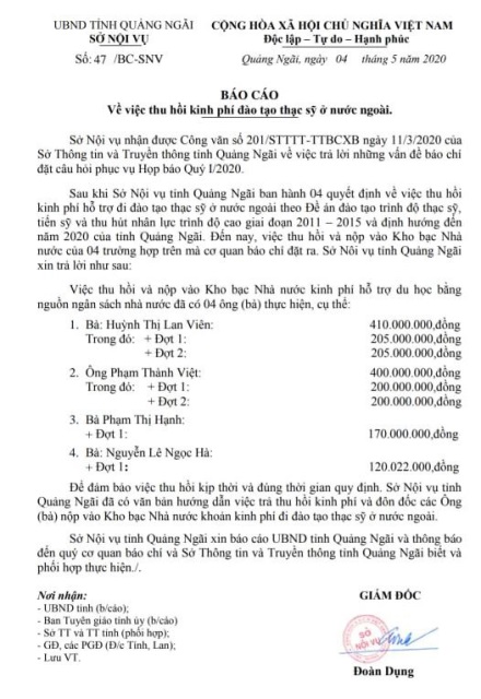 Quảng Ngãi: Đi du học không về, con 4 quan chức mới chỉ trả lại 1,1 tỉ đồng