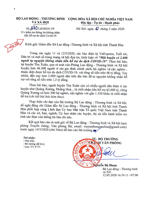 công văn gửi Sở Lao động - Thương binh và Xã hội tỉnh Thanh Hoá