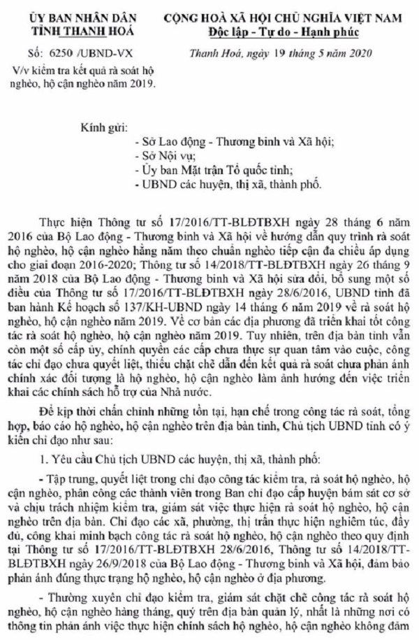 Văn bản về việc kiểm tra, rà soát hộ nghèo, hộ cận nghèo năm 2019 của UBND tỉnh Thanh Hóa.