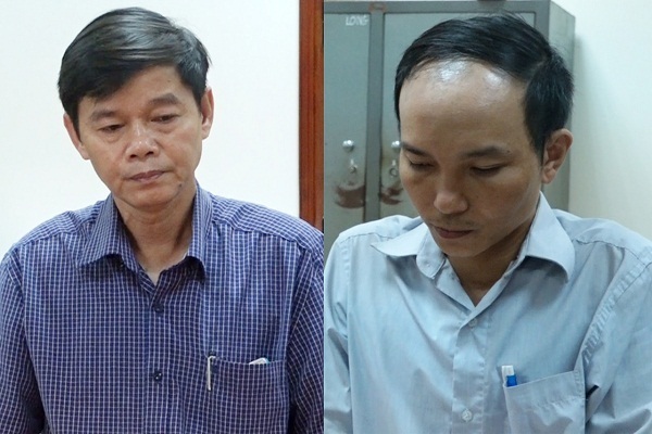 Đối tượng Lê Chí Tấn (trái) và Bùi Minh Tuấn tại cơ quan điều tra