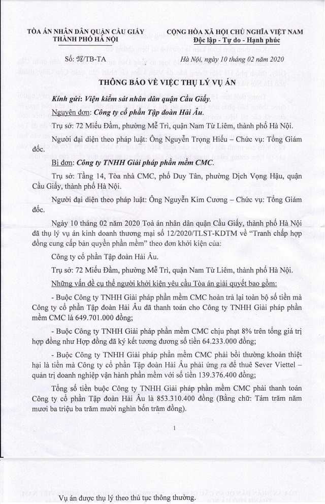 CMC bị khách hàng kiện ra toà vì cho rằng cung cấp sản phẩm kém chất lượng?