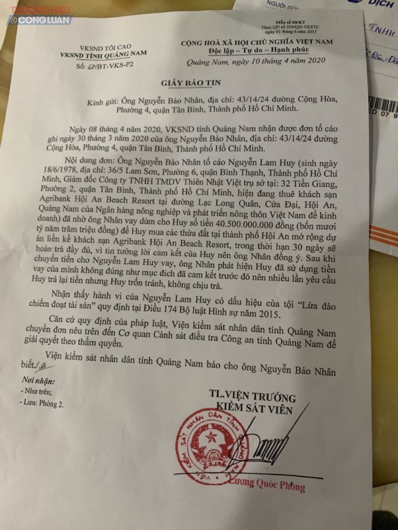 Sau khi nhận được đơn tố cáo của ông Nguyễn Bảo Nhân, Viện kiểm sát nhân dân tỉnh Quảng Nam đã chuyển đơn cho công an tỉnh này điều tra vụ việc