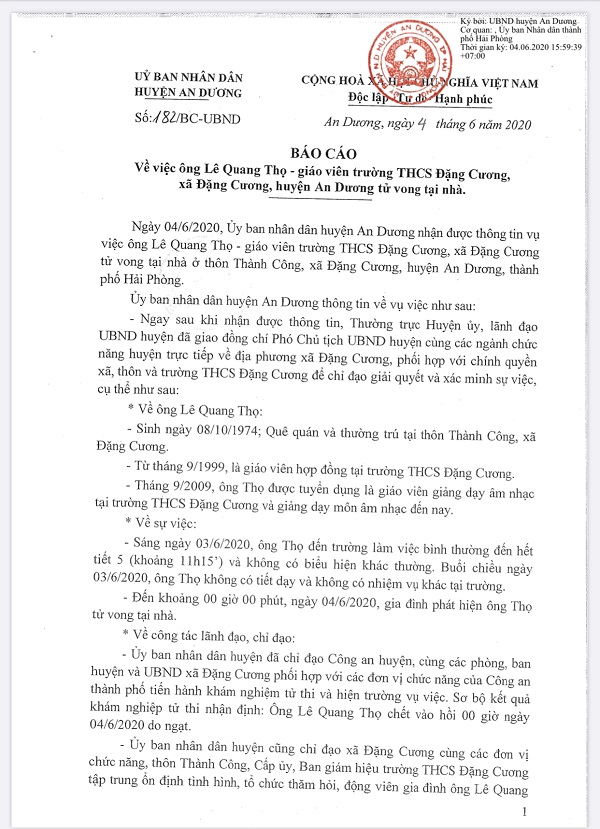 UBND huyện An Dương (Hải Phòng) thông tin về việc giáo viên trường THCS Đặng Cương tử vong tại nhà