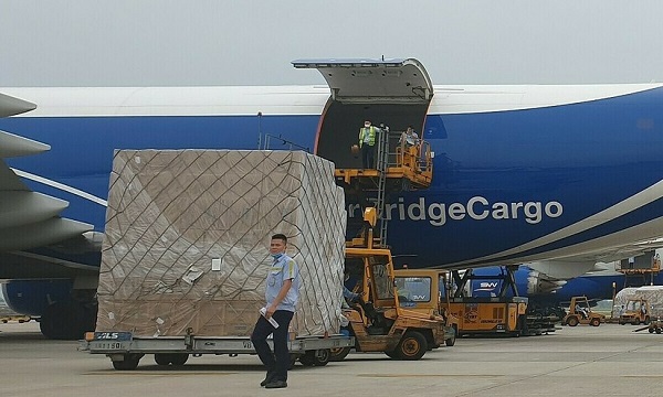Một kiện hàng khẩu trang y tế đang được đưa lên máy bay của AirBridge Cargo Airlines (Ảnh: ITL)
