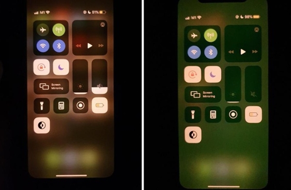 iPhone 11 (phải) bị ám xanh màn hình khi đặt cạnh chiếc iPhone bình thường (Ảnh: MacRumors)