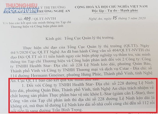 Dù Công văn của Cục QLTT Nghệ An cho biết không tồn tại địa chỉ 228 Lệ Ninh kéo dài (phường Quán Bàu, TP Vinh, Nghệ An) nhưng thông báo của Tổng cục QLTT cũng không hề nhắc tới việc công ty Health Star có sai phạm hay không?