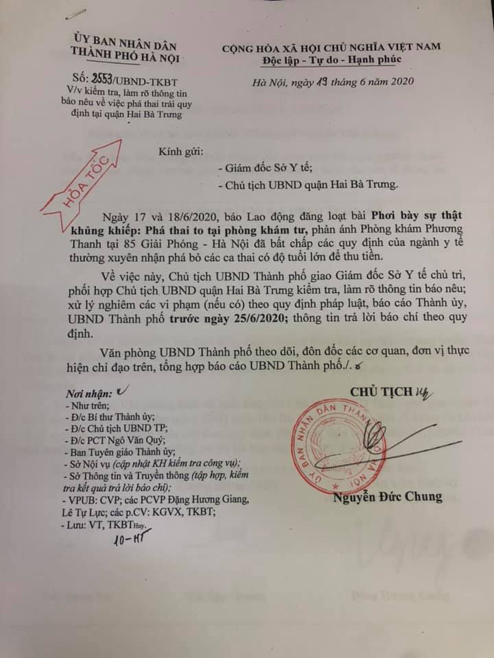 Văn bản chỉ đạo của ông Nguyễn Đức Chung - Chủ tịch UBND TP. Hà Nội.