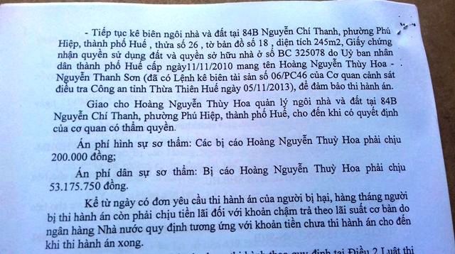 Quyết định tiếp tục kê biên nhà và đất 84B Nguyễn Chí Thanh của vợ chồng Hoa để đảm bảo thi hành án