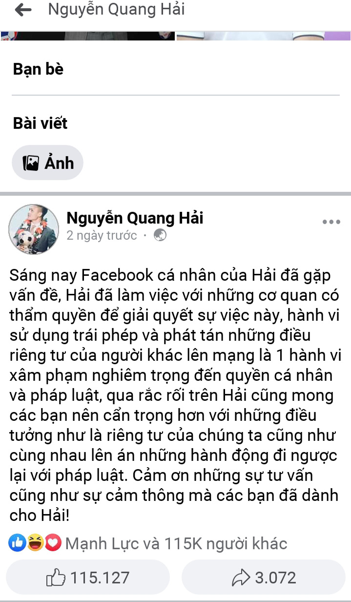 Bài đăng của Quang Hải nhận được hàng trăm nghìn lượt like, bình luận và chia sẻ (Ảnh: Chụp màn hình)
