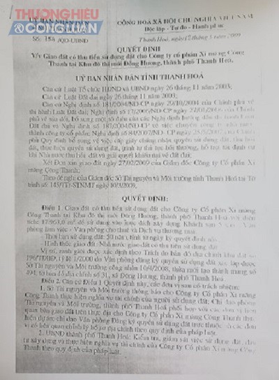 Quyết định số 754/QĐ-UBND do Phó chủ tịch tỉnh Thanh Hóa Trịnh Văn Chiến ký, về việc giao đất có thu tiền sử dụng đất cho Công ty cổ phần Xi măng Công Thanh tại Khu đô thị mới Đông Hương