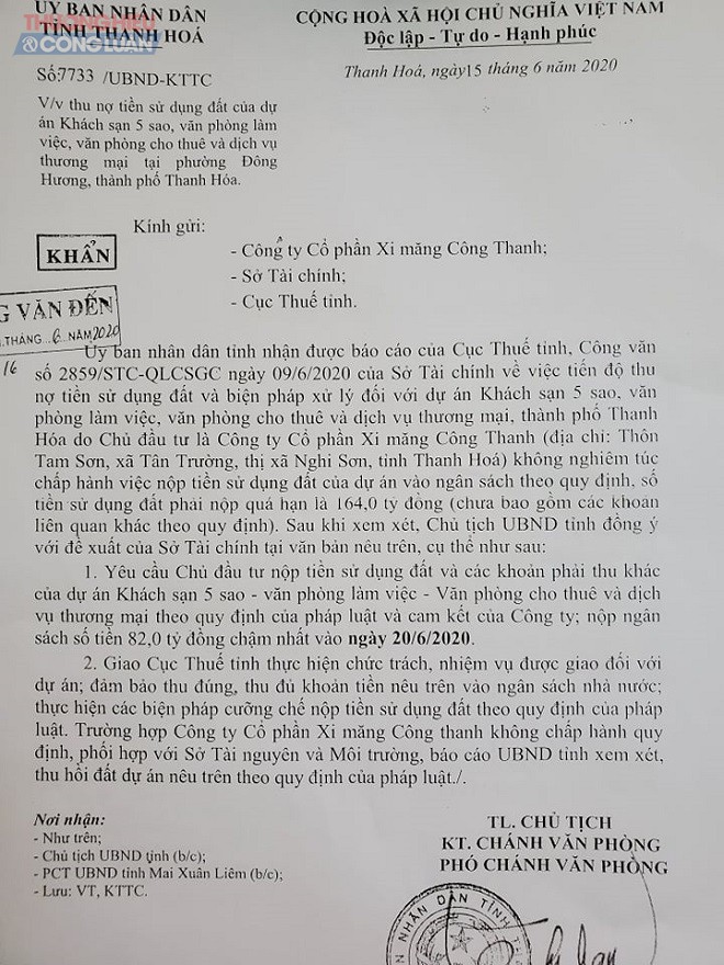 Văn bản số 7733 của UBND tỉnh Thanh Hóa yêu cầu doanh nghiệp nộp tiền sử dụng đất chỉ trong 6 ngày