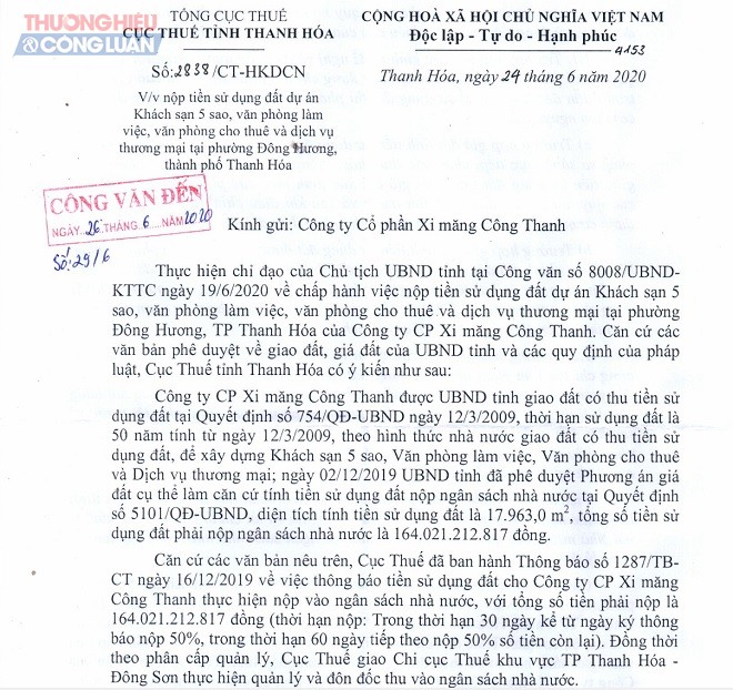 Ngày 24/6/2020, Cục thuế tỉnh Thanh Hóa đã có công văn số 2838 gửi đến Công ty Công Thanh