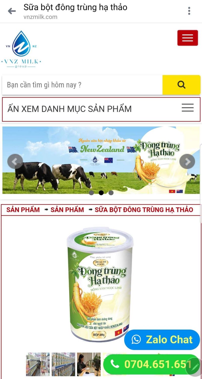 website của Tập đoàn sữa dinh dưỡng quốc tế Việt Nam New Zealand (Ảnh chụp màn hình)