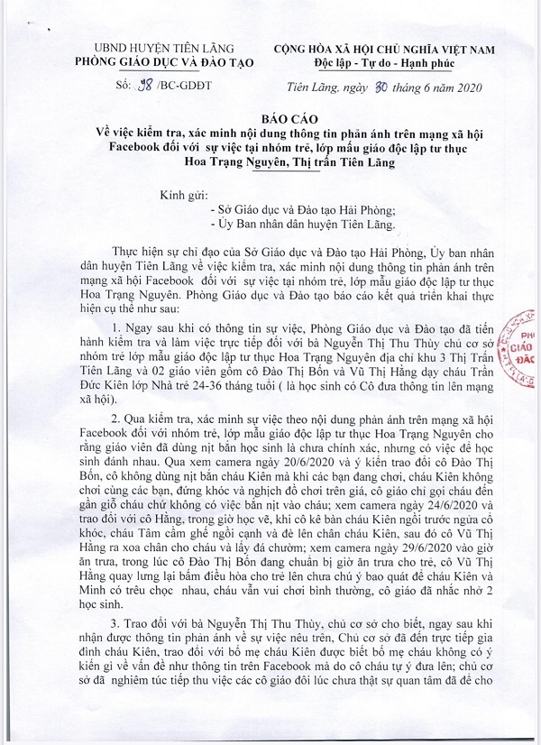 Phòng GDĐT huyện Tiên Lãng (Hải Phòng): Không có việc giáo viên dùng nịt bắn học sinh