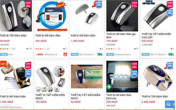 Đa dạng các loại thiết bị tiết kiệm điện được rao bán rộng rãi trên nhiều website điện tử (Ảnh: Vietnamnet)
