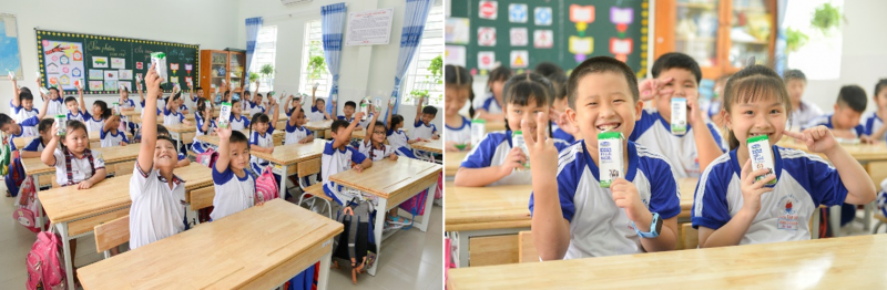Các em học sinh trường Tiểu học Trang Tấn Khương, xã Long Thới, huyện Nhà Bè vui vẻ đón nhận những hộp sữa an toàn từ chương trình SHĐ