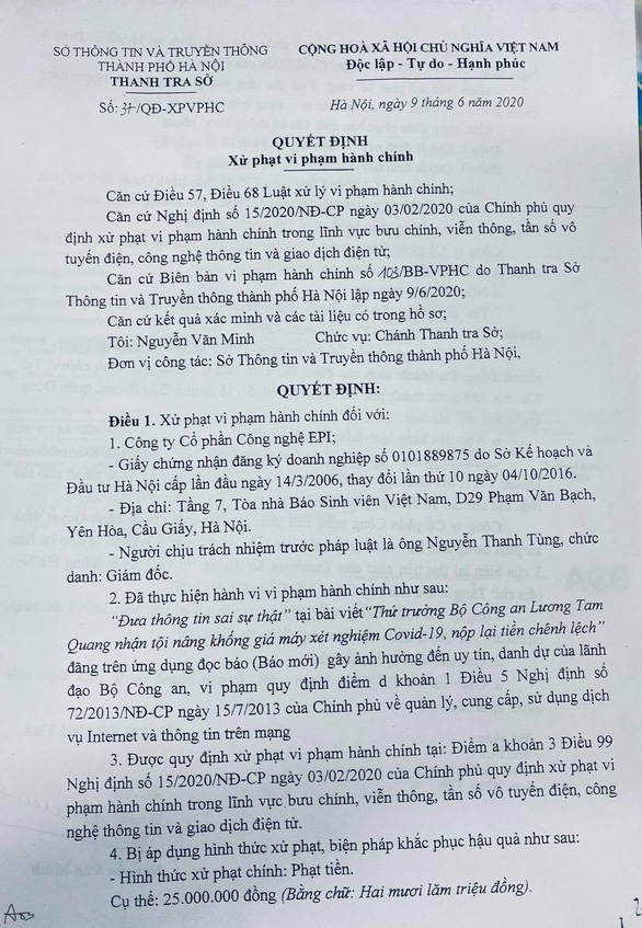 Quyết định xử phạt vi phạm hành chính đối với Công ty cổ phần Công nghệ EPI