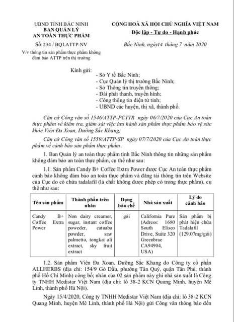 BQL an toàn thực phẩm tỉnh Bắc Ninh thông tin sản phẩm thực phẩm không đảm bảo ATTP trên thị trường