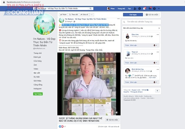 Chưa dừng lại ở đó, hiện nay trên fanpage facebook được cho là fanpage chính thức của Công ty Mommy & BaBy Center có tên: I'm Nature - Vẻ Đẹp Thực Sự Đến Từ Thiên Nhiên (https://www.facebook.com/ImNature.vn/) vẫn đang đăng tải các đoạn video, dùng hình ảnh của Bác sĩ Nguyễn Công Đinh – Phó GĐ Bệnh viện phụ sản Hà Nội cơ sở 2 hay như hình ảnh của Dược sĩ Ngân – Chủ hiệu thuốc Thắng Ngân (Văn Điển, Thanh Trì, HN) để quảng cáo về sản phẩm Dung dịch vệ sinh Trầu không I’m Nature.