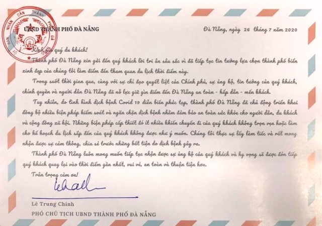 Đà Nẵng: Lãnh đạo thành phố gửi thư đến du khách vì diễn biến phức tạp của Covid-19