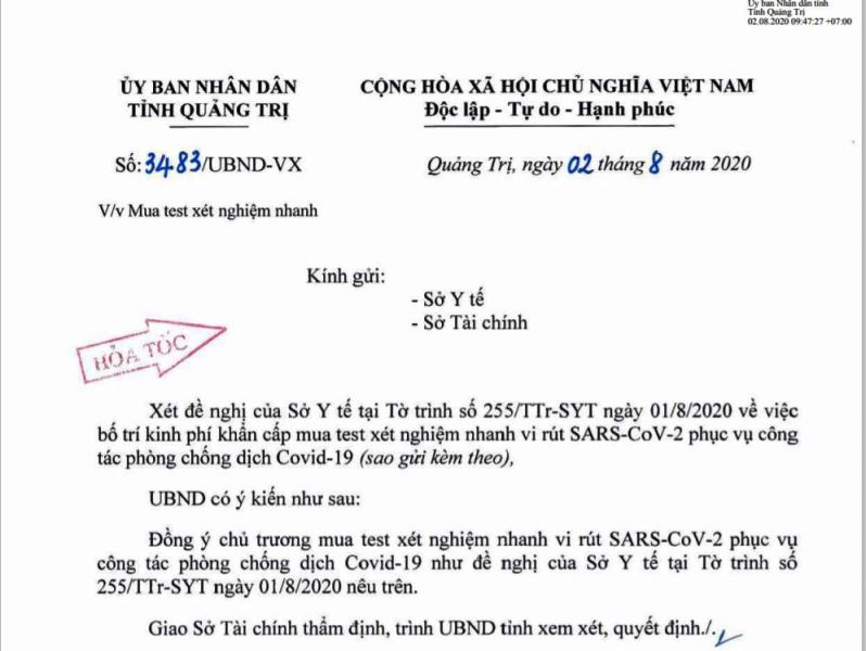 Công văn số 3483/UBND-VX gửi Sở Y tế và Sở Tài chính về việc mua test xét nghiệm nhanh vi rút SARS-CoV-2
