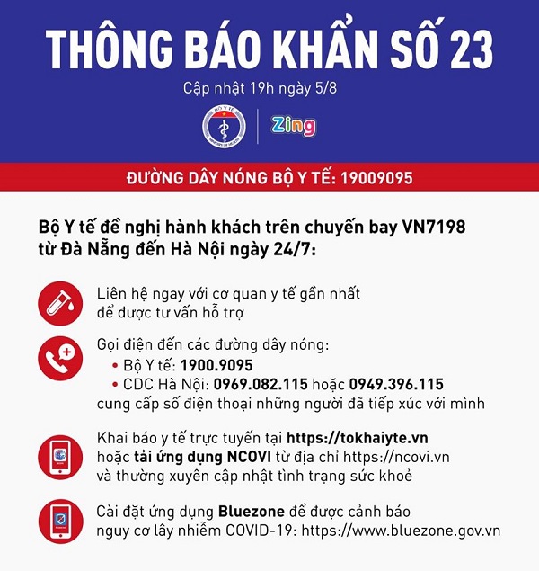 Nóng: Bộ Y tế thông báo khẩn tìm hành khách chuyến bay VN7198 từ Đà Nẵng đến Hà Nội ngày 24/7