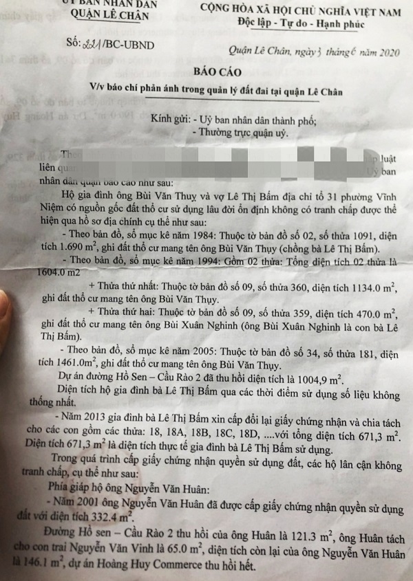 Văn bản báo cáo số 211/BC-UBND của UBND quận Lê Chân