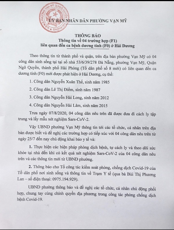 Hải Phòng: Sở Y tế vừa thông tin 35 trường hợp F1 liên quan đến BN751 có kết quả âm tính
