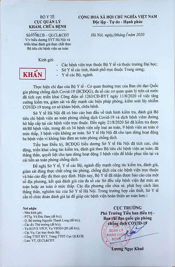 Sở Y tế Hà Nội được khen về việc đã đình chỉ hoạt động 3 bệnh viện vì không bảo đảm an toàn phòng chống dịch COVID-19.