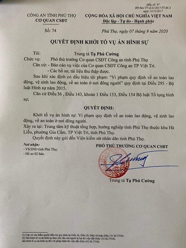 Phú Thọ: Khởi tố hình sự vụ án 4 người chết xảy ra tại Trung tâm hướng nghiệp tỉnh