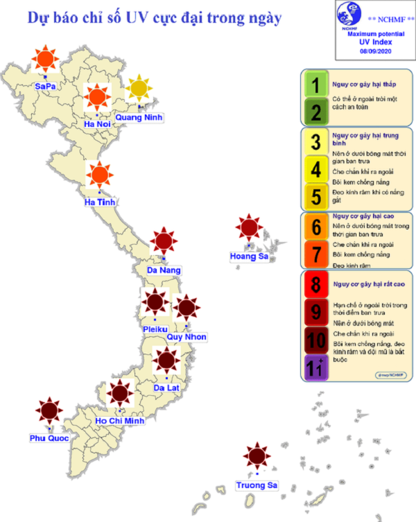 Chỉ số tia UV cực đại trong ngày 8/9 ở các khu vực