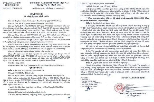 Quyết định xử phạt của UBND tỉnh Nghệ An