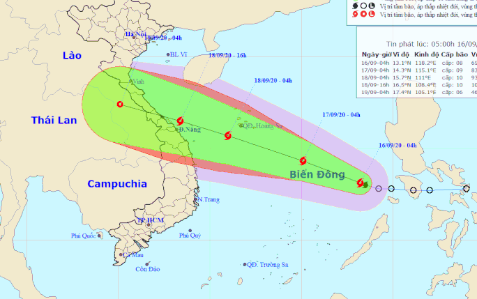 Vị trí và dự báo đường đi của bão số 5 (Nguồn: Trung tâm dự báo khí tượng thuỷ văn quốc gia)