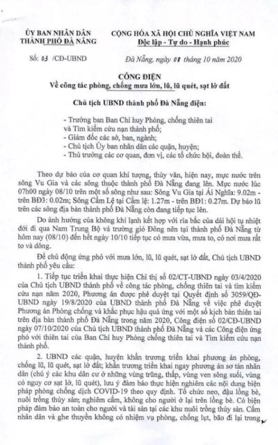 Để ứng phó với mưa lớn, lũ, lũ quét, sạt lở đất, chủ tịch UBND TP. Đà Nẵng yêu cầu: Để ứng phó với mưa lớn, lũ, lũ quét, sạt lở đất, chủ tịch UBND TP. Đà Nẵng yêu cầu: