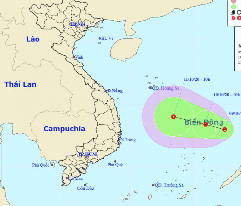 Dự báo hướng đi của vùng áp thấp. Ảnh: NCHMF