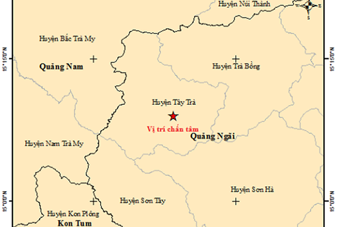 Vị trí chấn tâm trận động đất xảy ra lúc khoảng 9h ngày 14/10 tại Quảng Ngãi