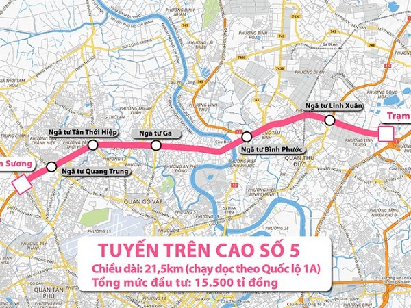 Sơ đồ tuyến đường trên cao số 5 được Sở GTVT đề xuất ưu tiên xây dựng giai đoạn 2021-2025.