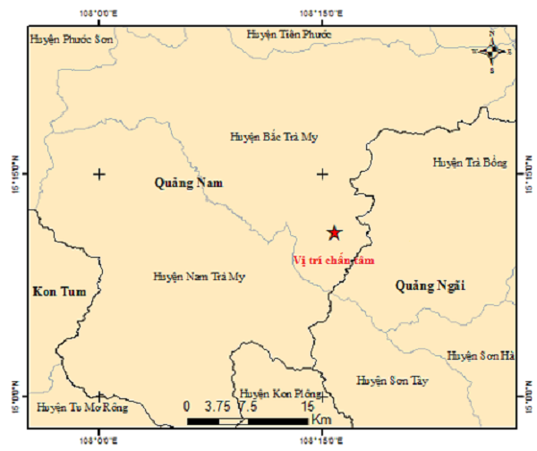Vị trí nơi xảy ra động đất ở huyện Bắc Trà My. (Ảnh Viện vật ly địa cầu).