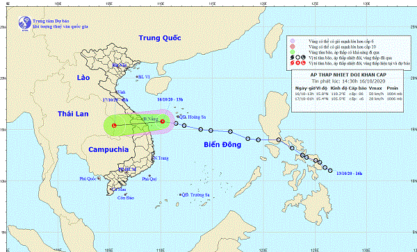 Áp thấp nhiệt đới trên Biển Đông chiều ngày 16/10. Ảnh NCHMF