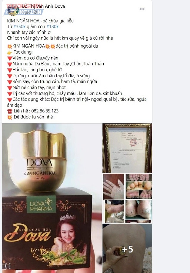 Trên trang facebook Đỗ Thị Vân Anh Dova, có quảng cáo sản phẩm “KIM NGÂN HOA -bà chúa gia liễu”