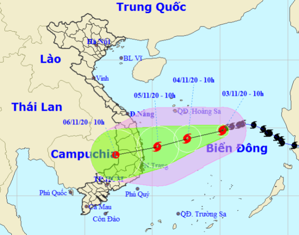 Họa đồ vị trí và hướng di chuyển của bão số 10 (Nguồn: Trung tâm Dự báo Khí tượng thủy văn Quốc gia).