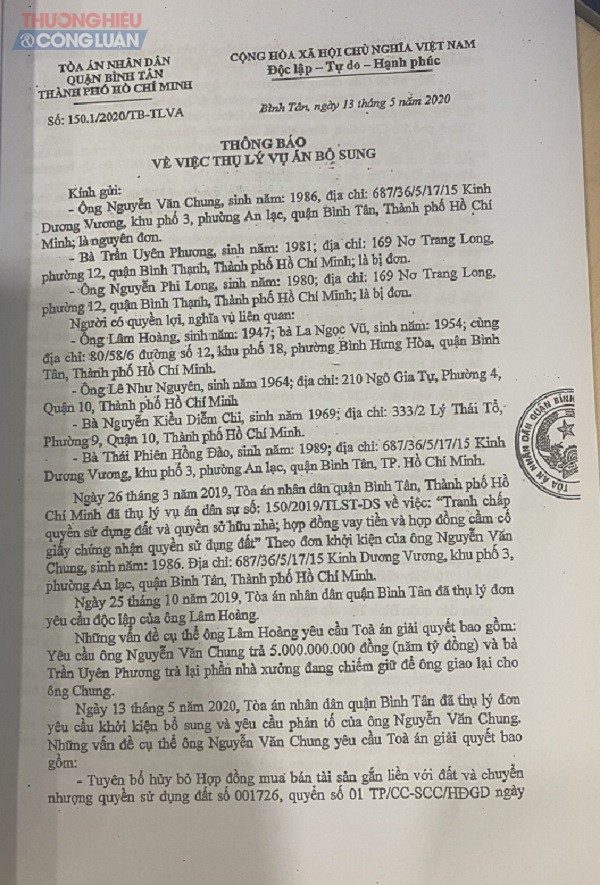 Một phần thông báo của Tòa án nhân dân quận Bình Tân về vụ việc.
