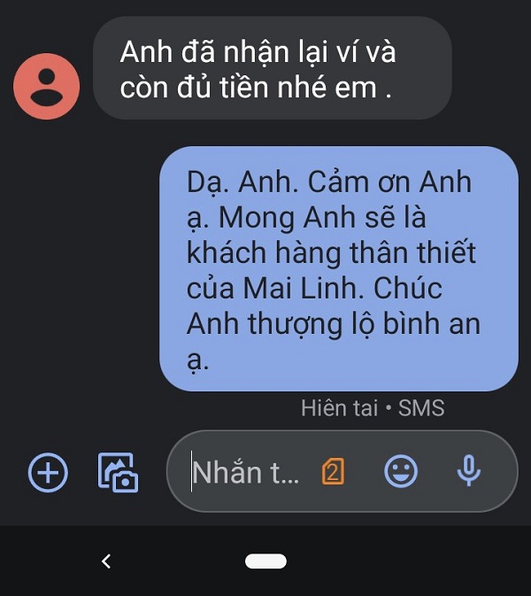 Tin nhắn khách hàng T.T.N gửi tới bộ phận CSKH của Mai Linh Hà Nội